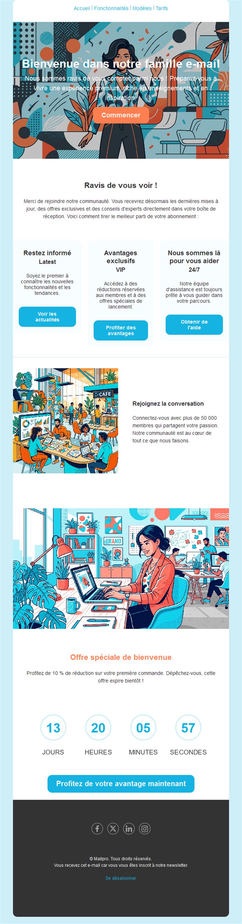 Email illustré de bienvenue à la newsletter