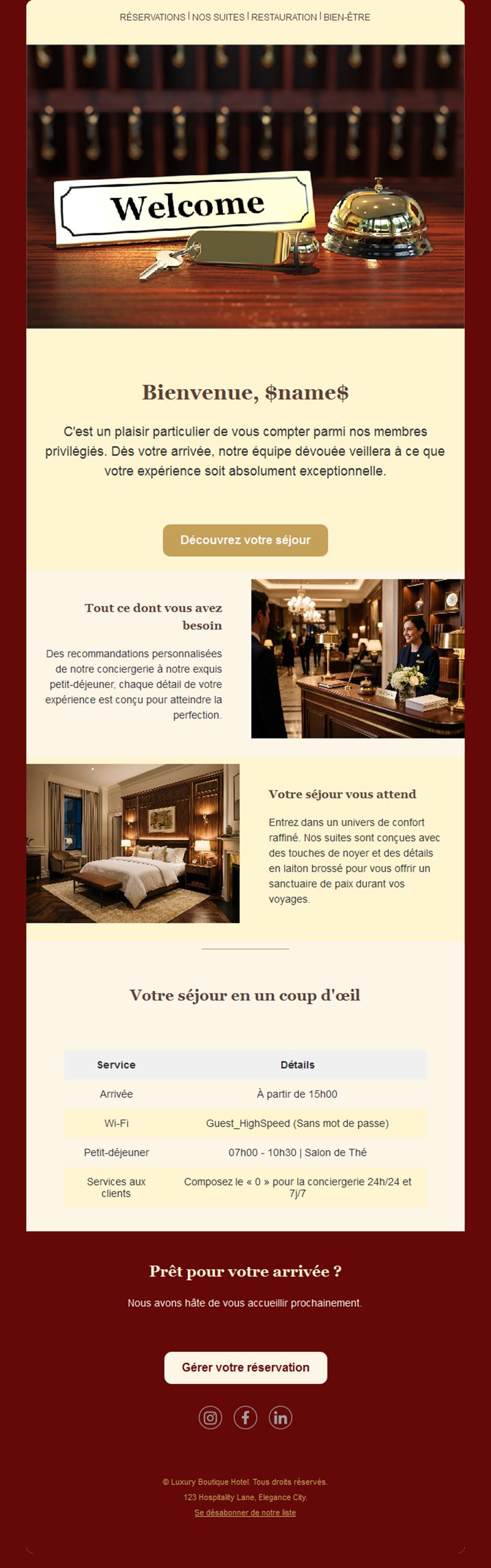 Email de bienvenue pour clients d'hôtel