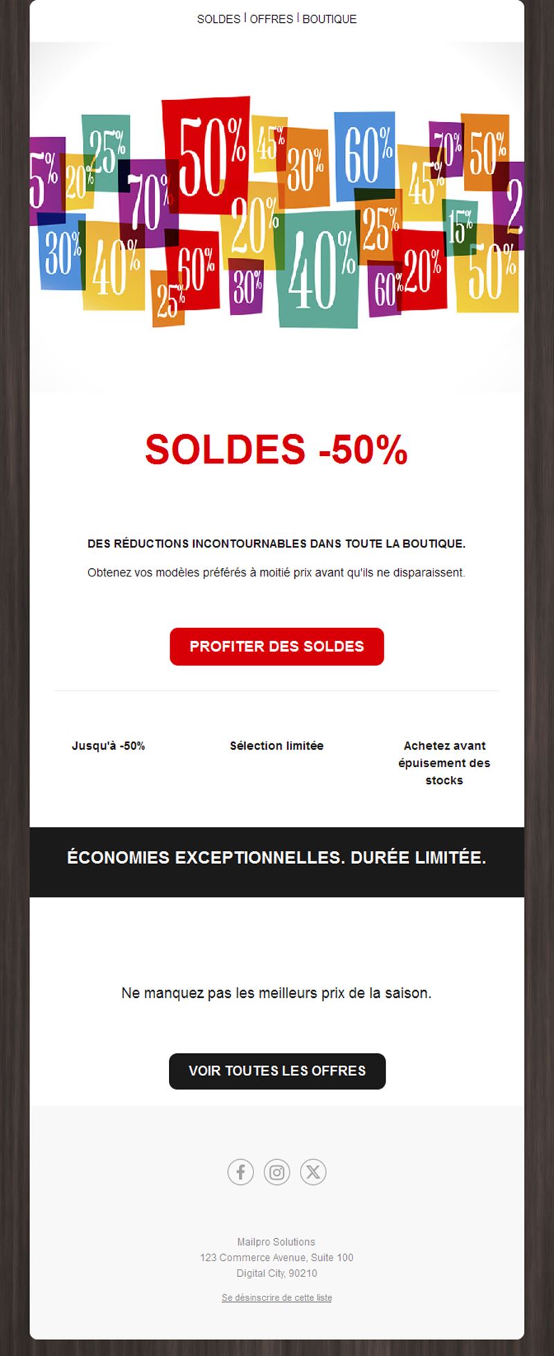 Email de soldes -50% sur tout le magasin