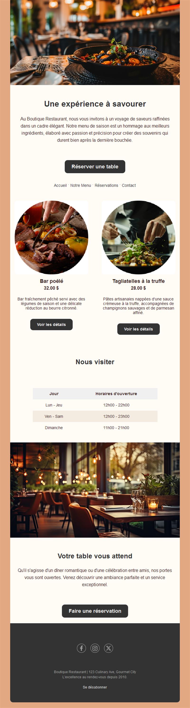Email menu de saison de restaurant
