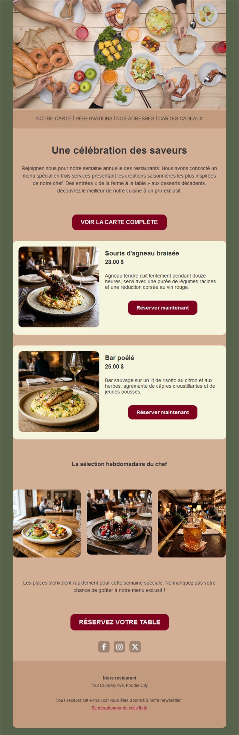 Newsletter de semaine du restaurant