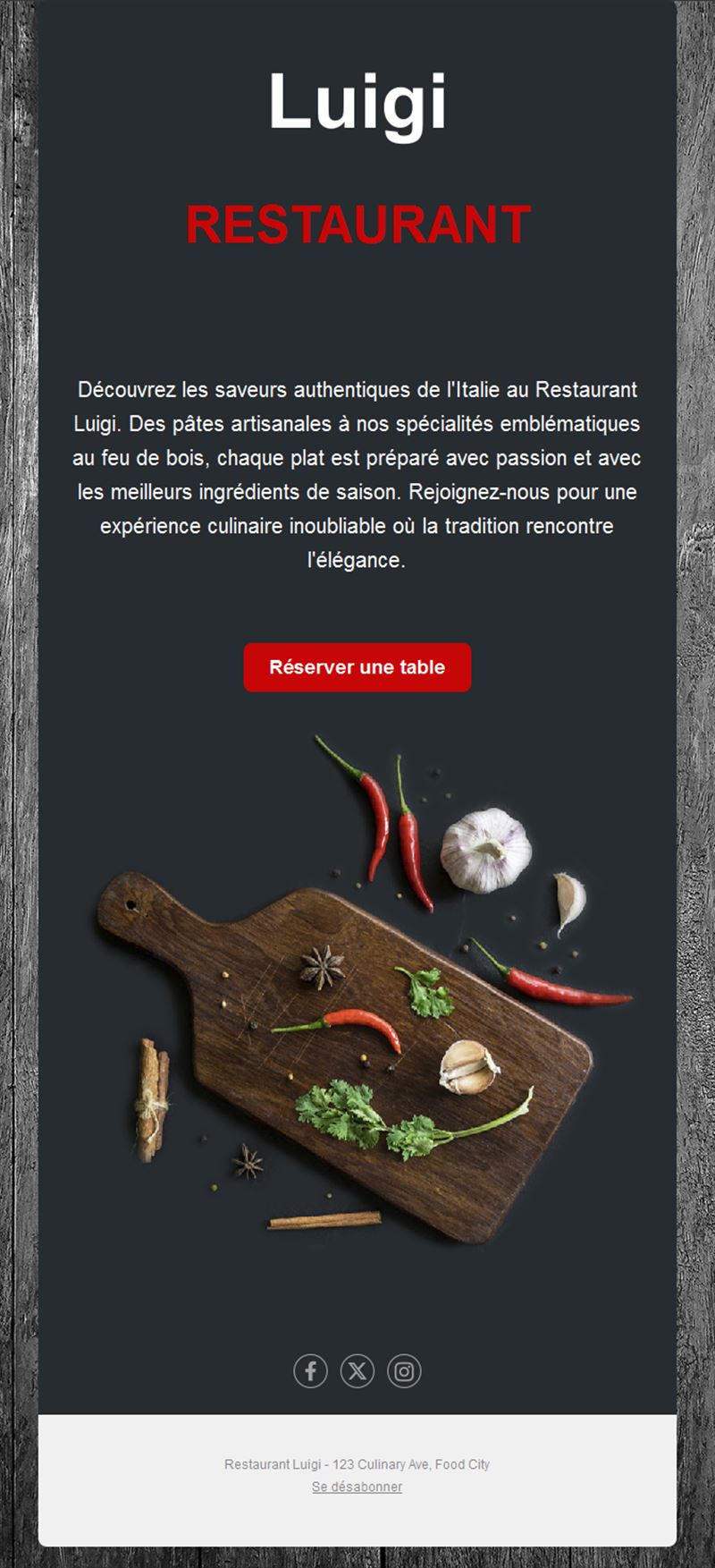 Email de restaurant italien