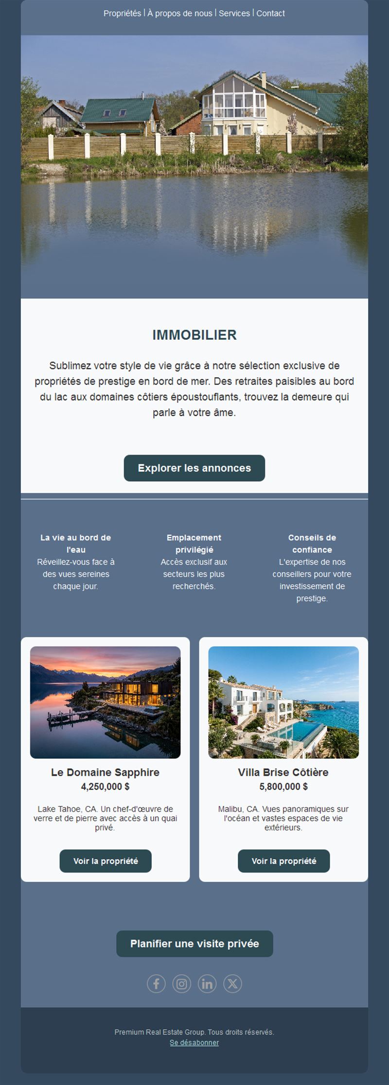 Email immobilier de biens au bord de l'eau