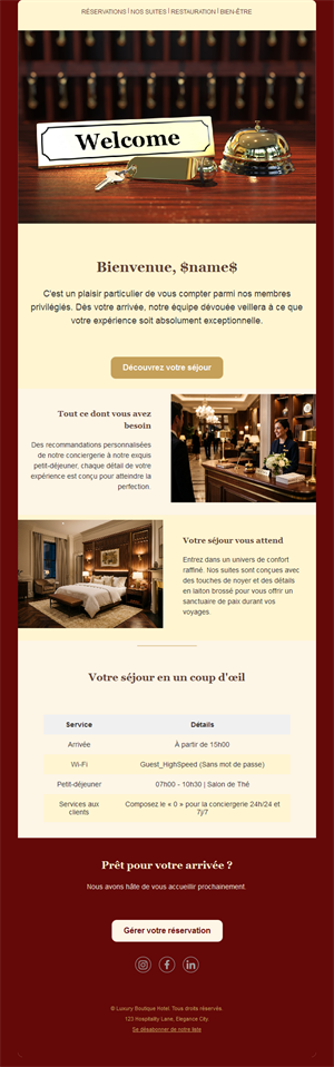 Email de bienvenue pour clients d'hôtel