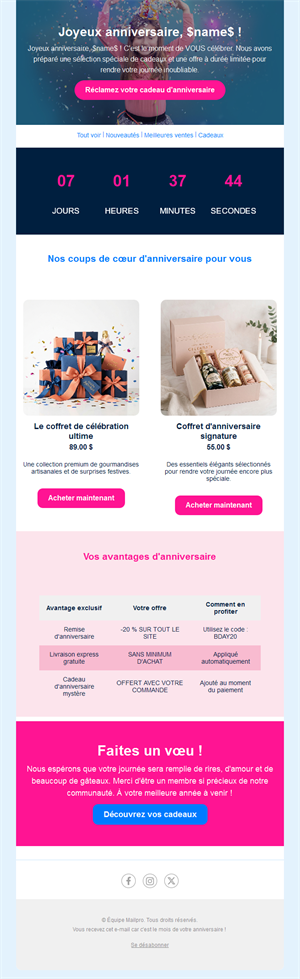 Avantages d'anniversaire avec compte à rebours