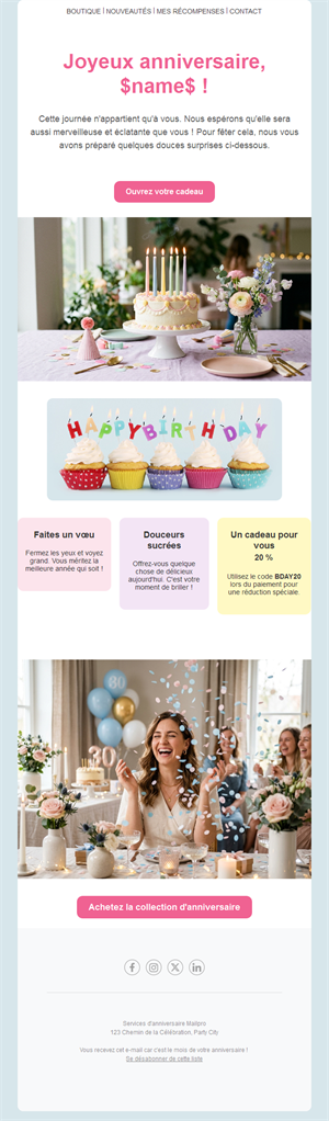 Email rose d'anniversaire avec code promo