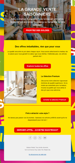Email jaune de grandes soldes de saison