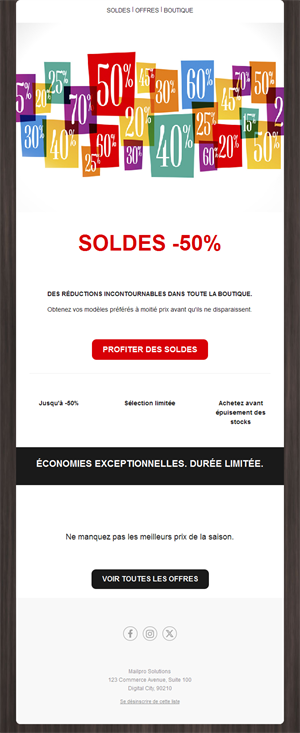 Email de soldes -50% sur tout le magasin